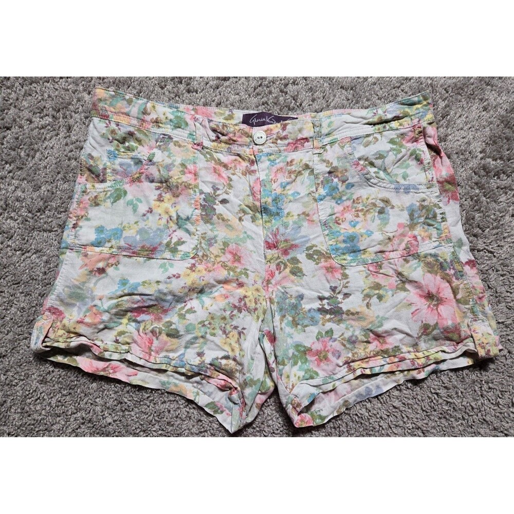 Gloria Vanderbilt Floral linen shorts Plus Size 14 White Pink Lightweight Summer